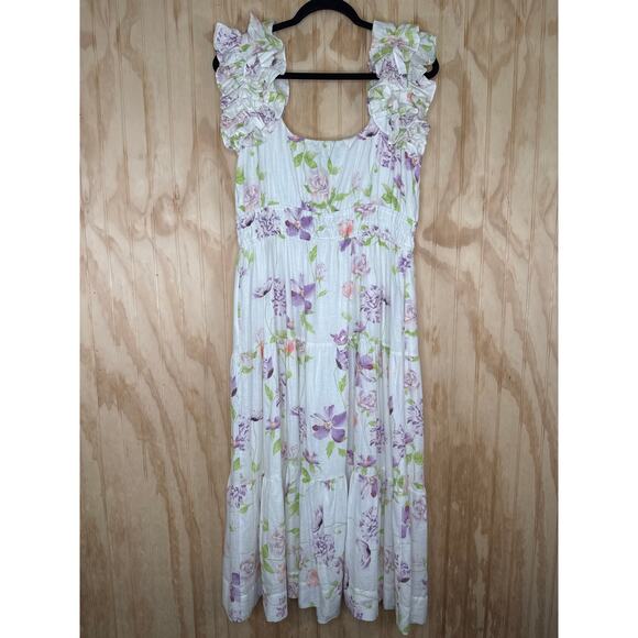 Biltmore Medium Linen Rayon Dress Ruffle StrapsTiered Pockets Cottagecore - Picture 2 of 10